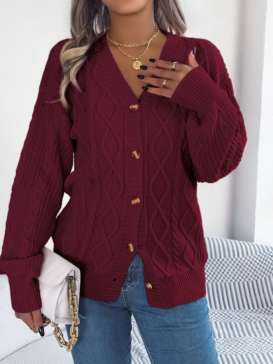 Pink Cable Knit Button Down Cardigan