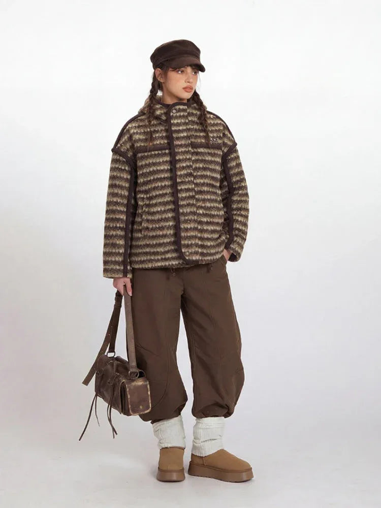 Vintage Brown Striped Sherpa Padded Jacket - TEVQA Secondary image