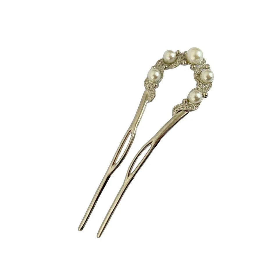 Silver U-shaped hairpin with pearl and rhinestone embellishments Main image