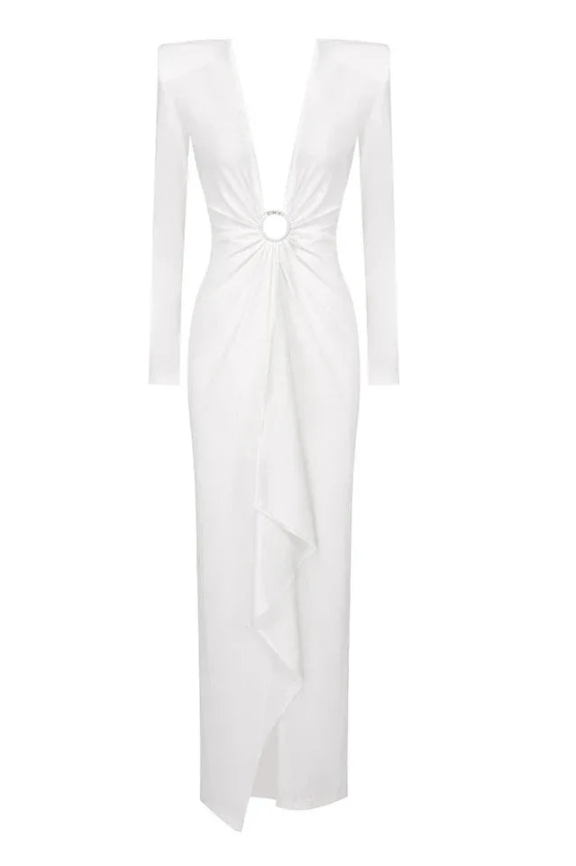 Draped column gown with ring detail - View 25 | TEVQA