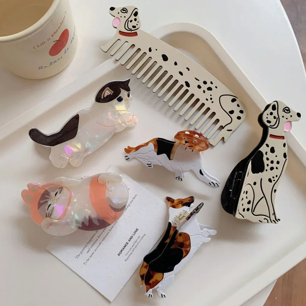 Whimsical Acetate Pet Lover Hair Clip & Comb Collection (Cat & Dog) - TEVQA