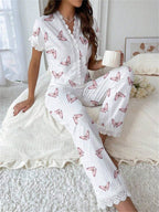 Cherry print ribbed pajama set with lace trim - View 18 | TEVQA