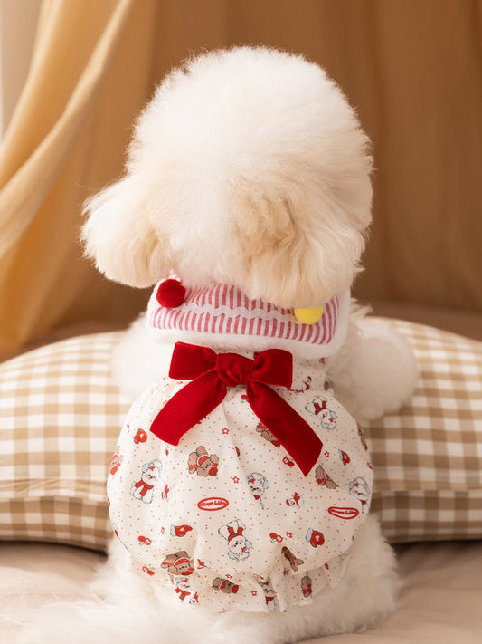 Warm Bear Print Fleece Dog Dress with Big Bow