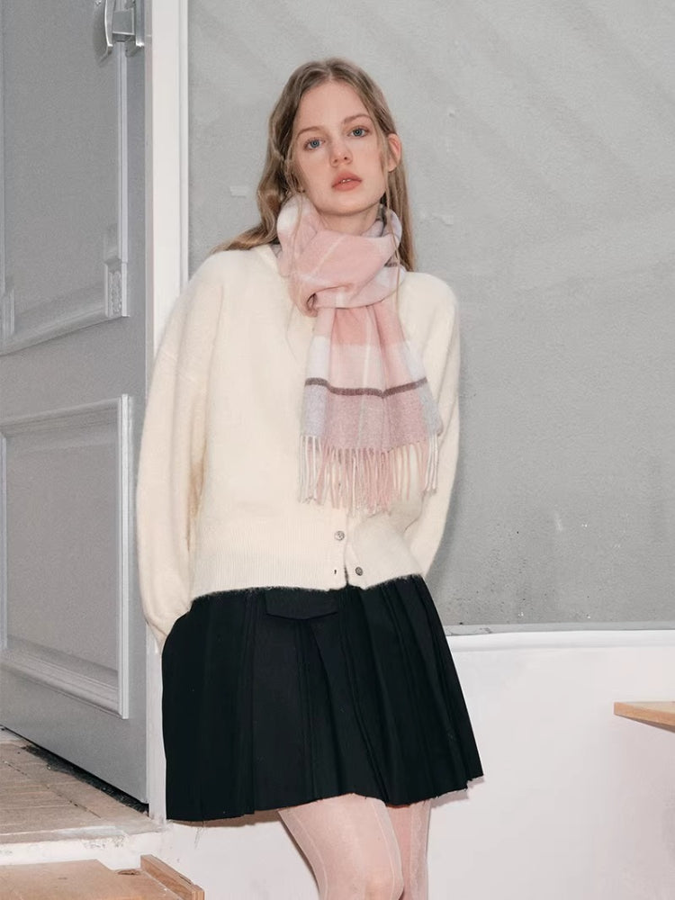 Pink Plaid 100% Lambswool Scarf with Fringe