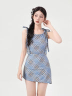 Light Blue Plaid Tie-Shoulder Swim Dress