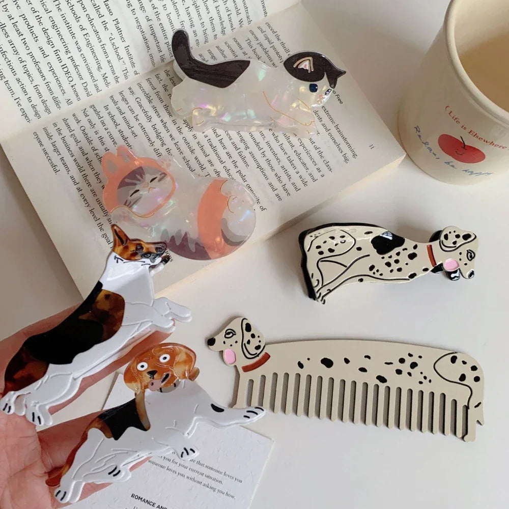 Whimsical Acetate Pet Lover Hair Clip & Comb Collection (Cat & Dog) - TEVQA