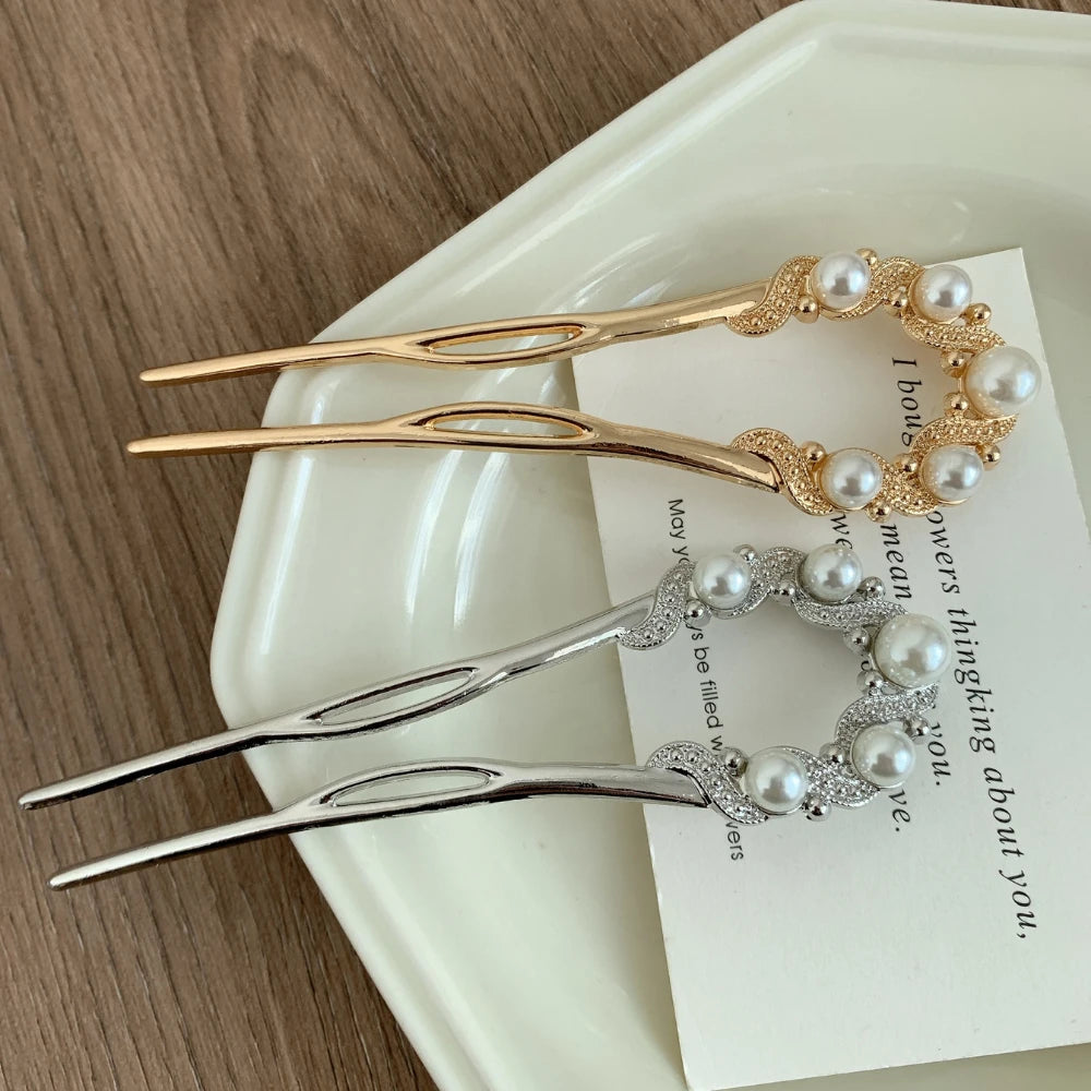 Elegant Pearl & Crystal French Hair Pin - 4.7" Bridal U-Pin