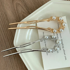 Elegant Pearl & Crystal French Hair Pin - 4.7" Bridal U-Pin