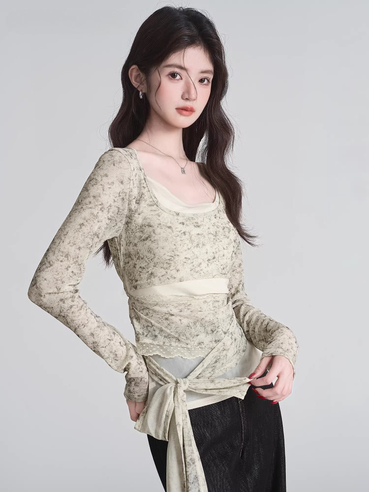 Tie Dye Mesh Overlay Wrap Waist Top Beige