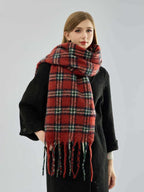 Women's Heavyweight Red Plaid Scarf Soft Faux Mohair Winter Wrap with Fringe