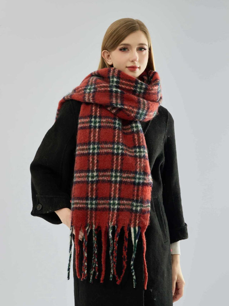 Women's Heavyweight Red Plaid Scarf Soft Faux Mohair Winter Wrap with Fringe