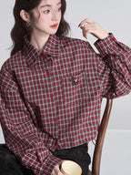 Red Plaid Drop Shoulder Cropped Button Shirt
