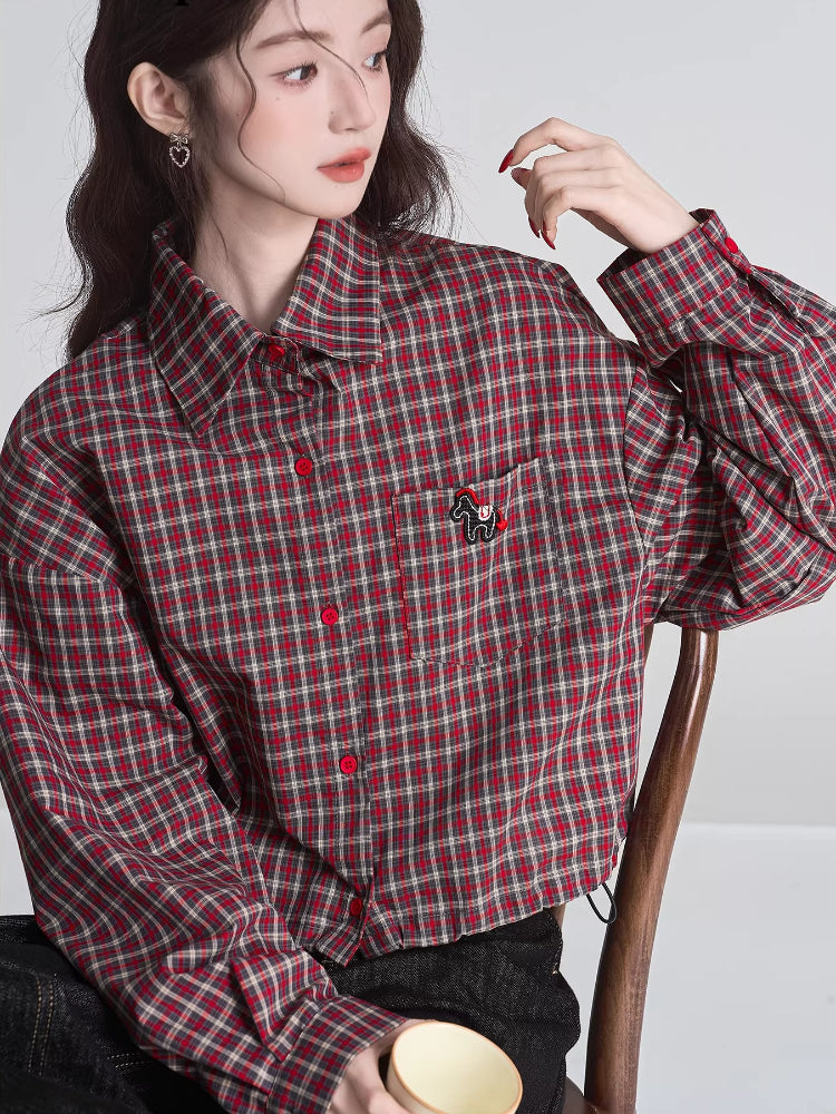 Red Plaid Drop Shoulder Cropped Button Shirt
