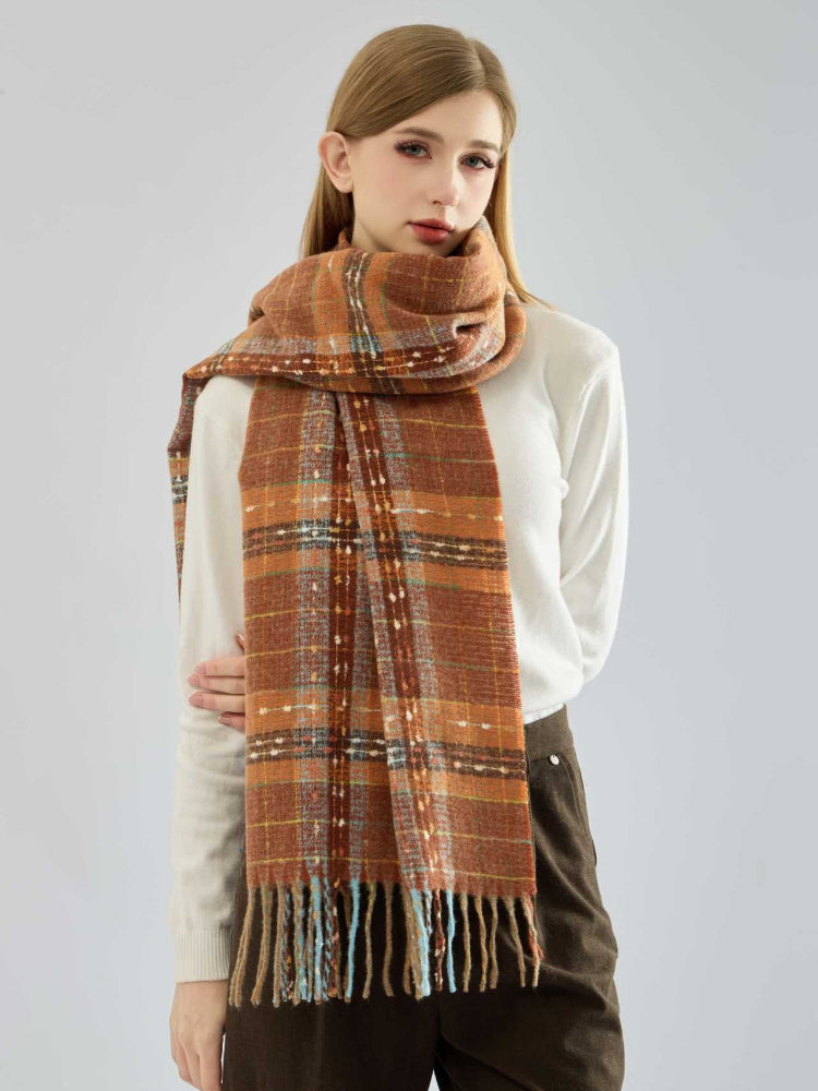 Women's Oversized Plaid Scarf Soft Brushed Tartan Wrap with Fringe Tassels - Rust & Brown
