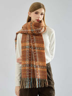 Women's Oversized Plaid Scarf Soft Brushed Tartan Wrap with Fringe Tassels - Rust & Brown