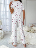 Cherry print ribbed pajama set with lace trim - View 9 | TEVQA