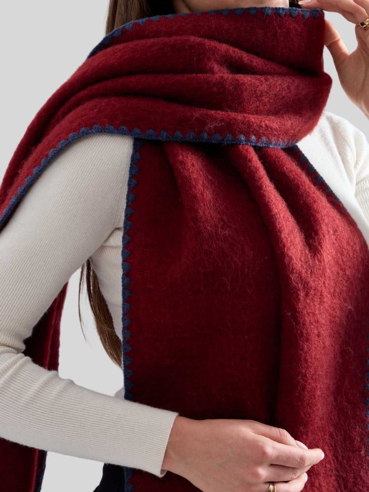 Women's Heavyweight Faux Mohair Scarf with Contrast Whipstitch Trim & Long Fringe - Burgundy