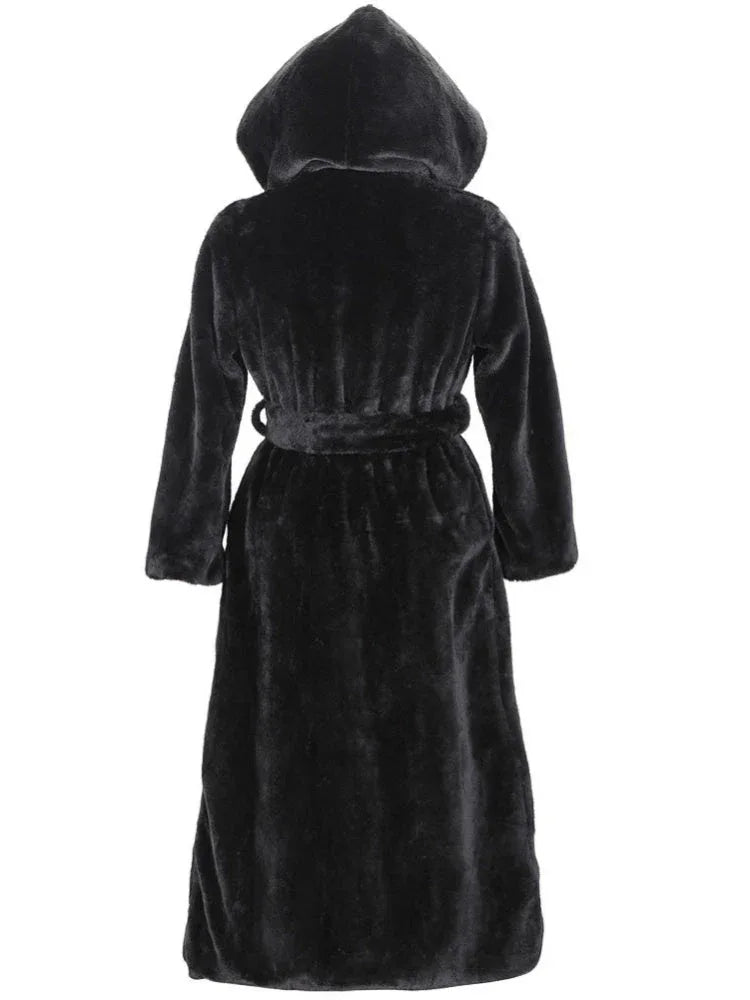 Back view of a long, black faux fur coat with a hood and belt
