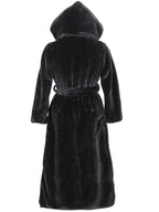 Back view of a long, black faux fur coat with a hood and belt
