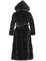 Back view of a long, black faux fur coat with a hood and belt