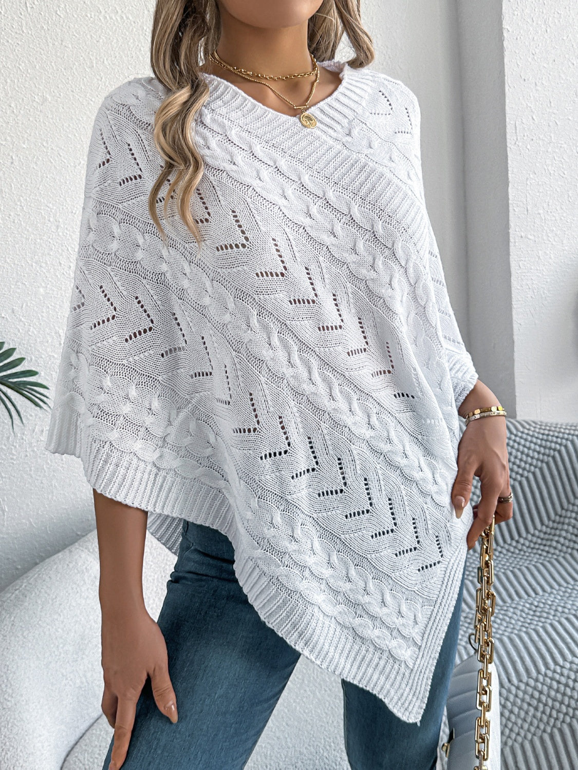 Cable-Knit Openwork Three-Quarter Sleeve Sweater OutfitFlow