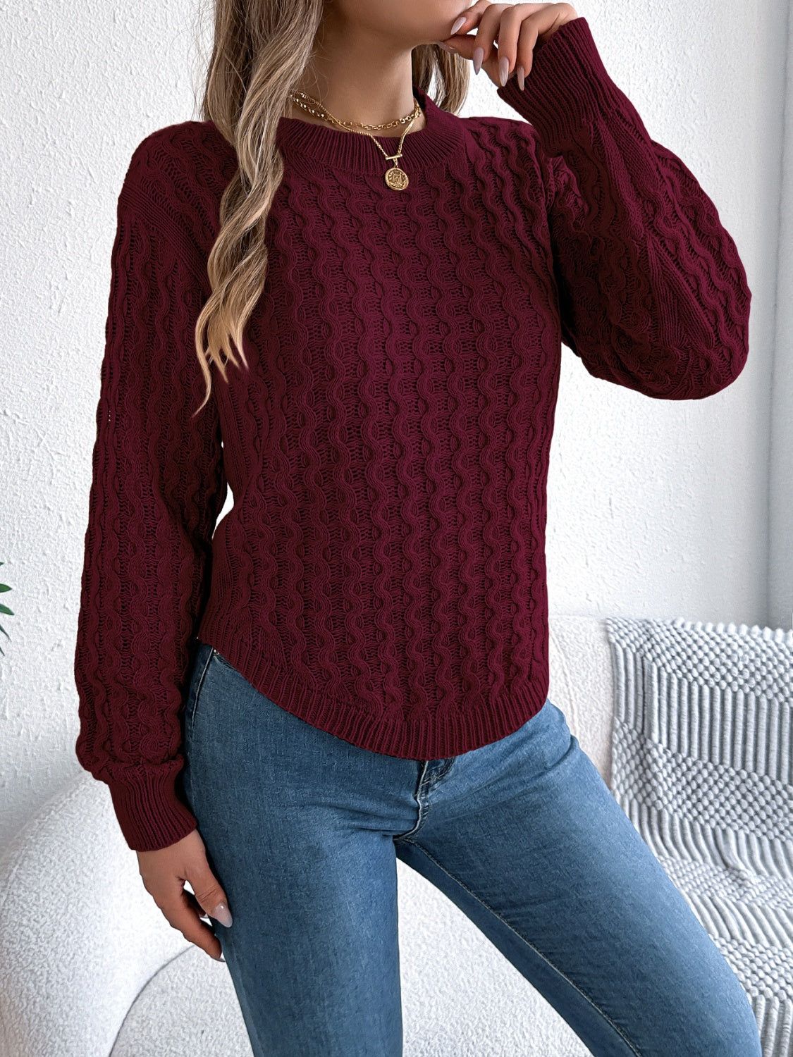 Camel Cable Knit Curved Hem Sweater