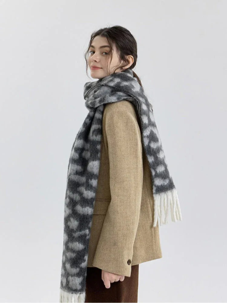 Leopard print wool blend scarf with cream fringe - View 6 | TEVQA