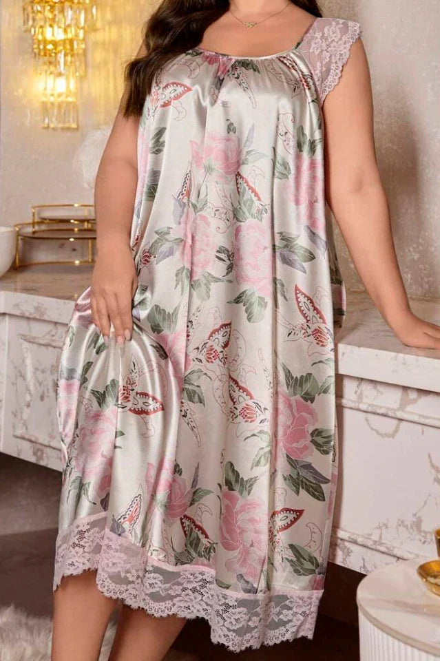 Plus Size Silver Floral Satin Nightgown with Lace Trim, Flutter Sleeve Midi Sleep Dress - Vintage Style