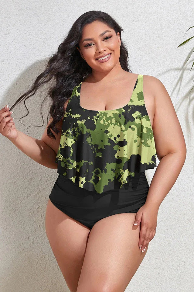 Plus-size tankini swimsuit with camouflage print ruffled top and black ruched bottom Secondary image