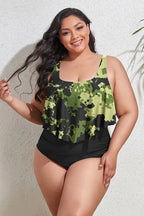 Plus-size tankini swimsuit with camouflage print ruffled top and black ruched bottom