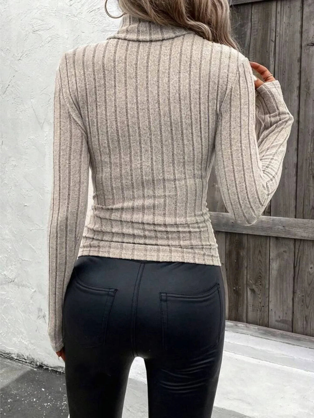 Timeless Oatmeal Ruched Turtleneck Ribbed Knit Top - TEVQA