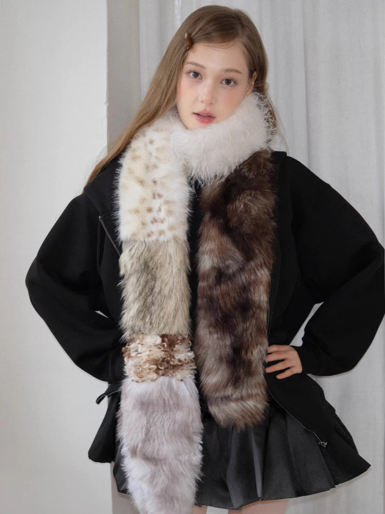 Patchwork Faux Fur Scarf Leopard Print Extra Long 96 Inch Y2K