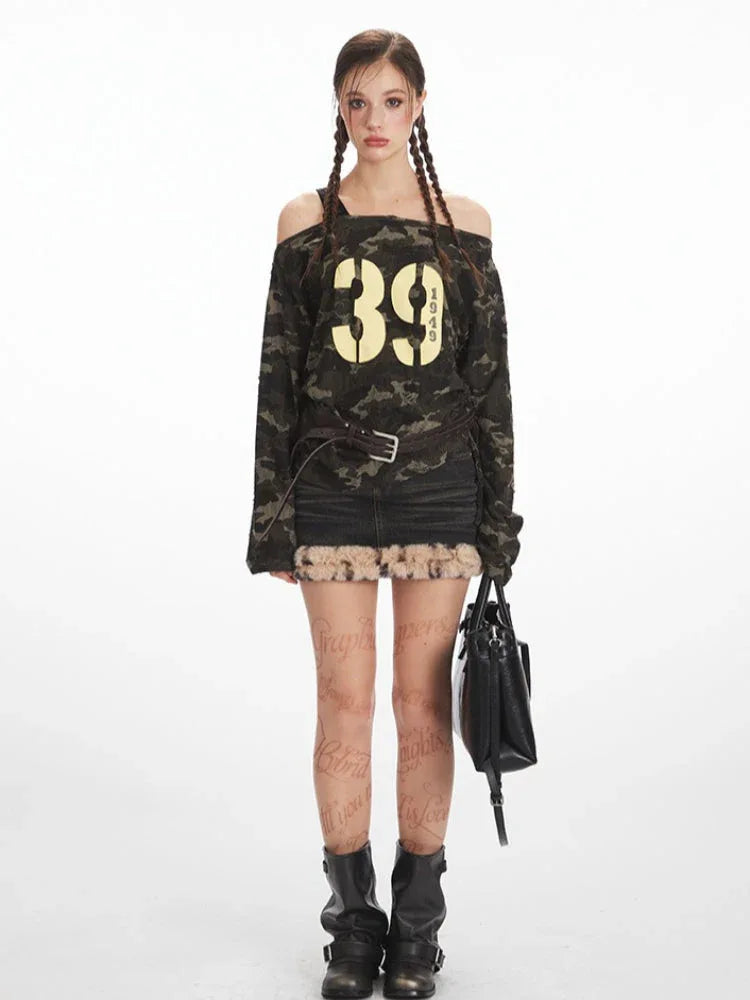 Y2K Grunge Camo Asymmetrical Long Sleeve Top - TEVQA