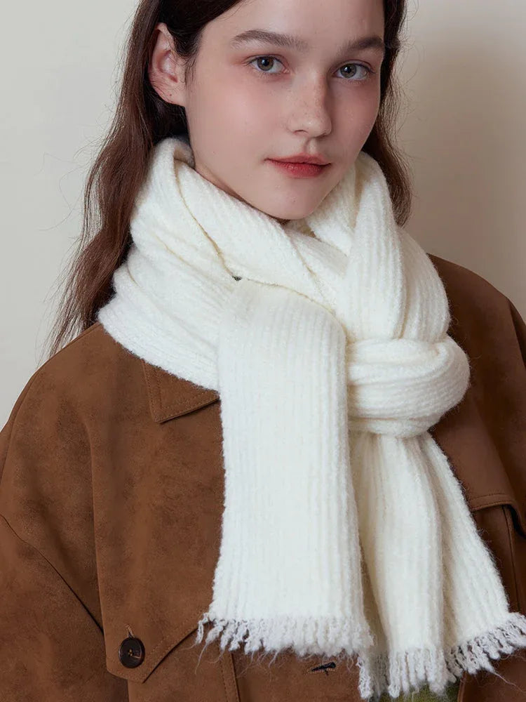 Cream Wool Blend Ribbed Scarf - TEVQA