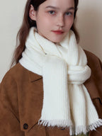 Cream Wool Blend Ribbed Scarf - TEVQA