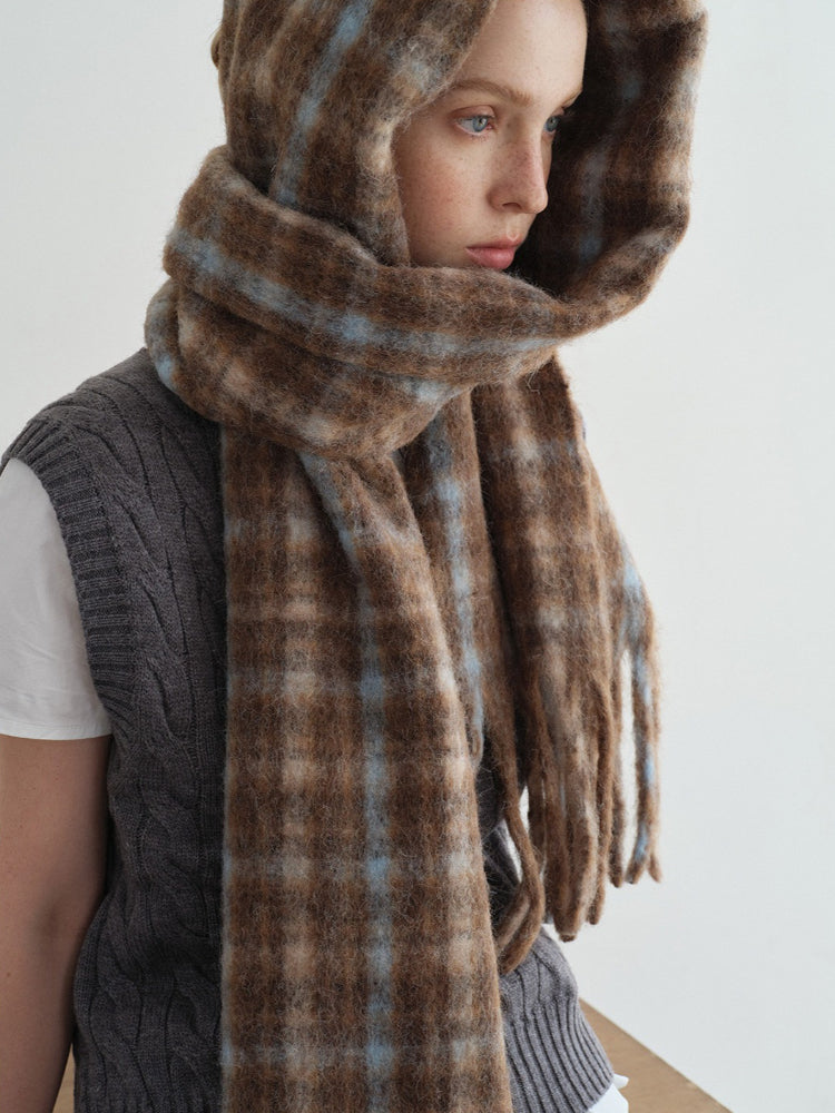 Oversized Wool Blend Plaid Scarf with Fringe