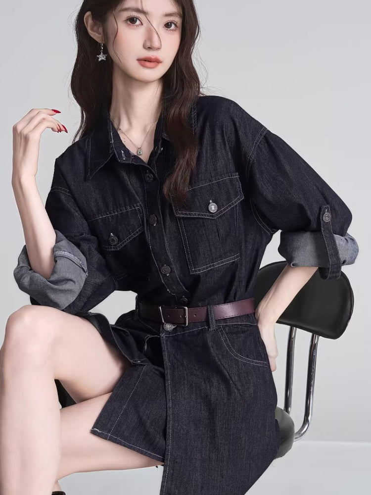 Retro Denim Shirt & Mini Skirt Set Black