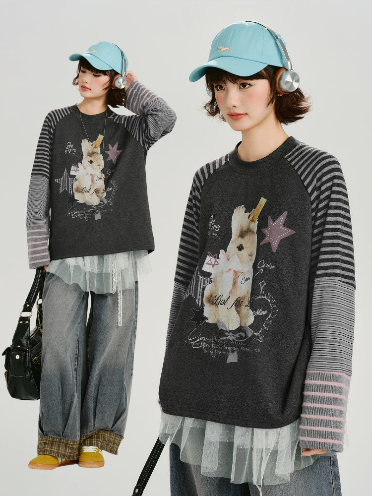Vintage Graphic Striped Raglan Long Sleeve Tee - Charcoal