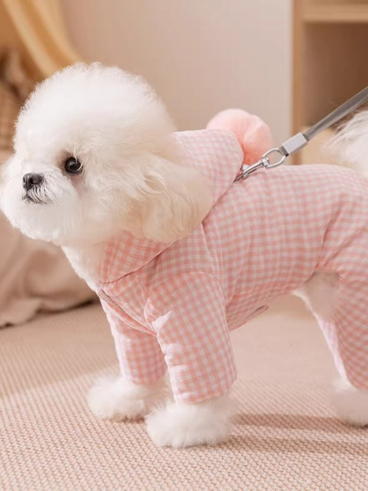 Fluffy white dog wearing a pink gingham dog coat with a hood and a pink pom-pom, attached to a leash.