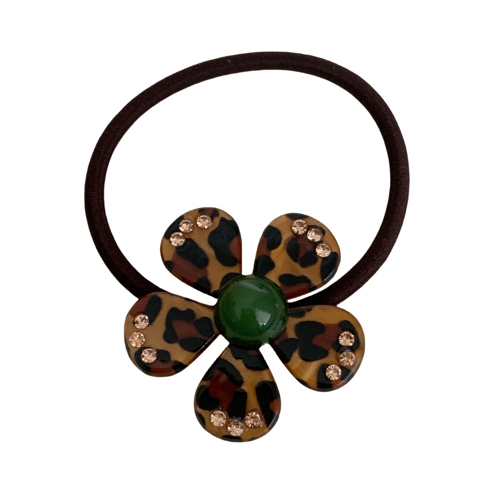 Acetate Leopard Flower Charm Hair Tie with Rhinestones (2.2 Inch)