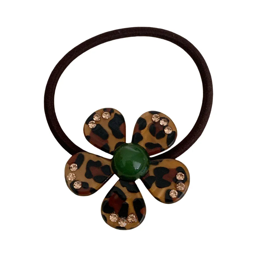 Acetate Leopard Flower Charm Hair Tie with Rhinestones (2.2 Inch) - TEVQA Main image