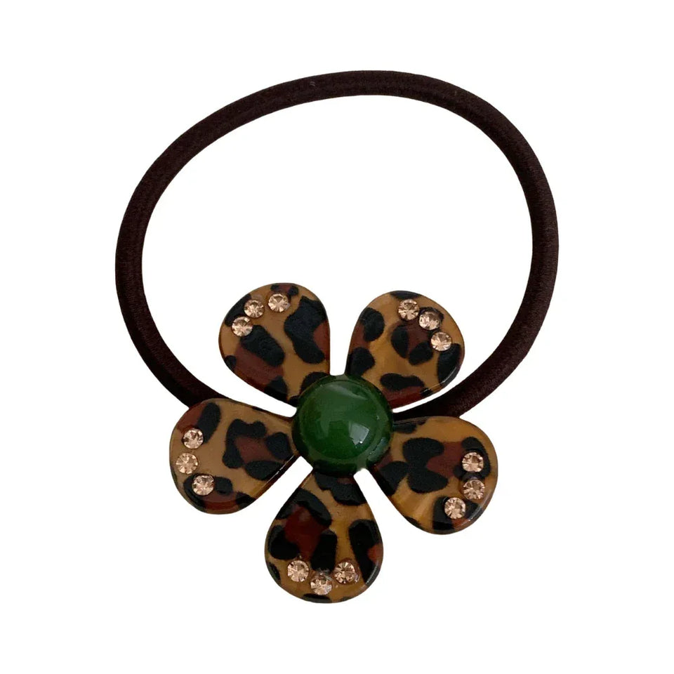 Acetate Leopard Flower Charm Hair Tie with Rhinestones (2.2 Inch) - TEVQA Main image