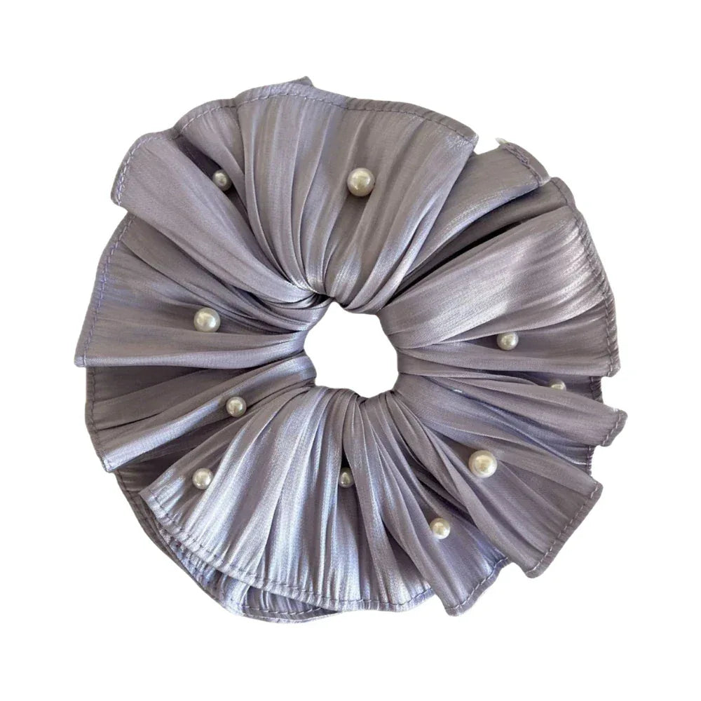 Jumbo Plissé Satin & Pearl Scrunchie (7 Inch) - TEVQA