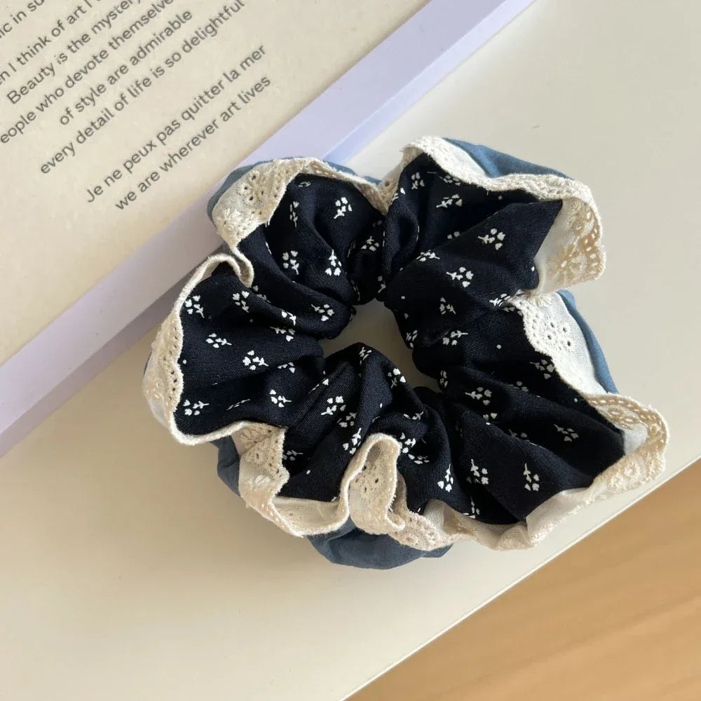Large floral lace scrunchie with ruffled edges and eyelet trim - View 7 | TEVQA