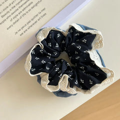 Large floral lace scrunchie with ruffled edges and eyelet trim - View 7 | TEVQA