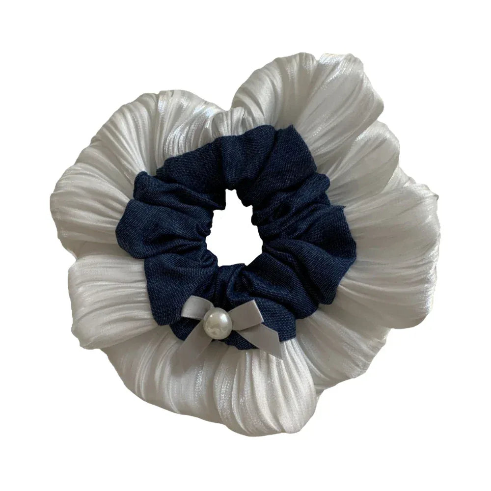 White and denim scrunchie with pearl and bow detail