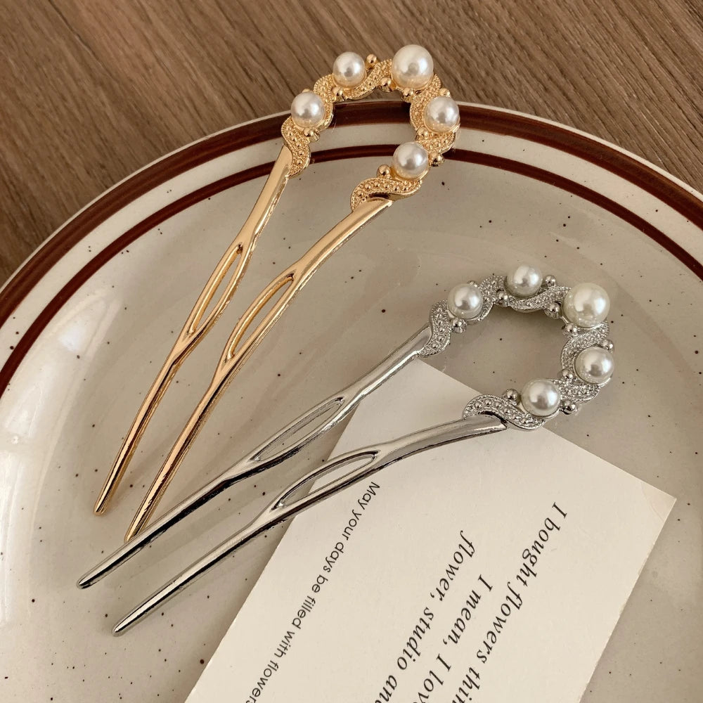 Elegant Pearl & Crystal French Hair Pin - 4.7" Bridal U-Pin