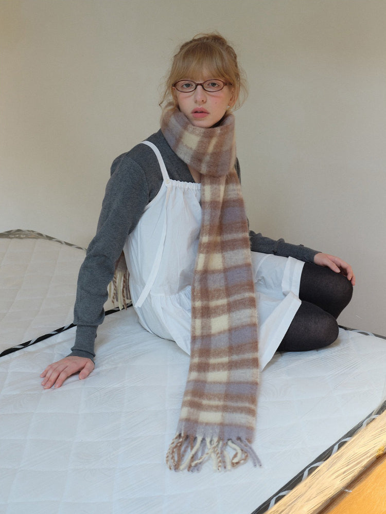 Extra Long Wool Blend Plaid Scarf with Fringe