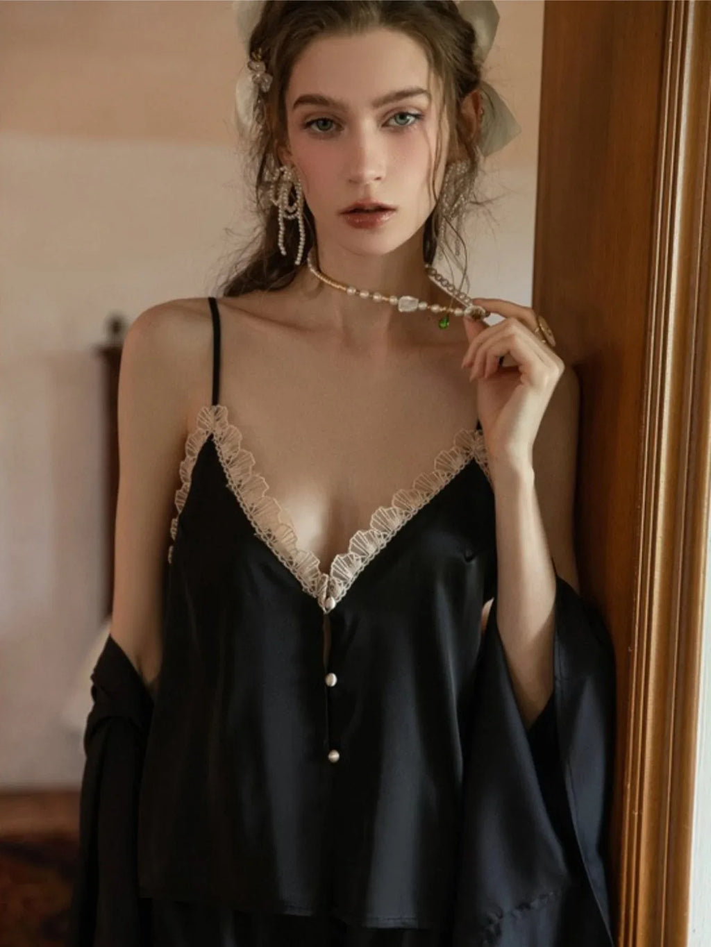 Button-Front Lace Satin Cami & Shorts Set - TEVQA