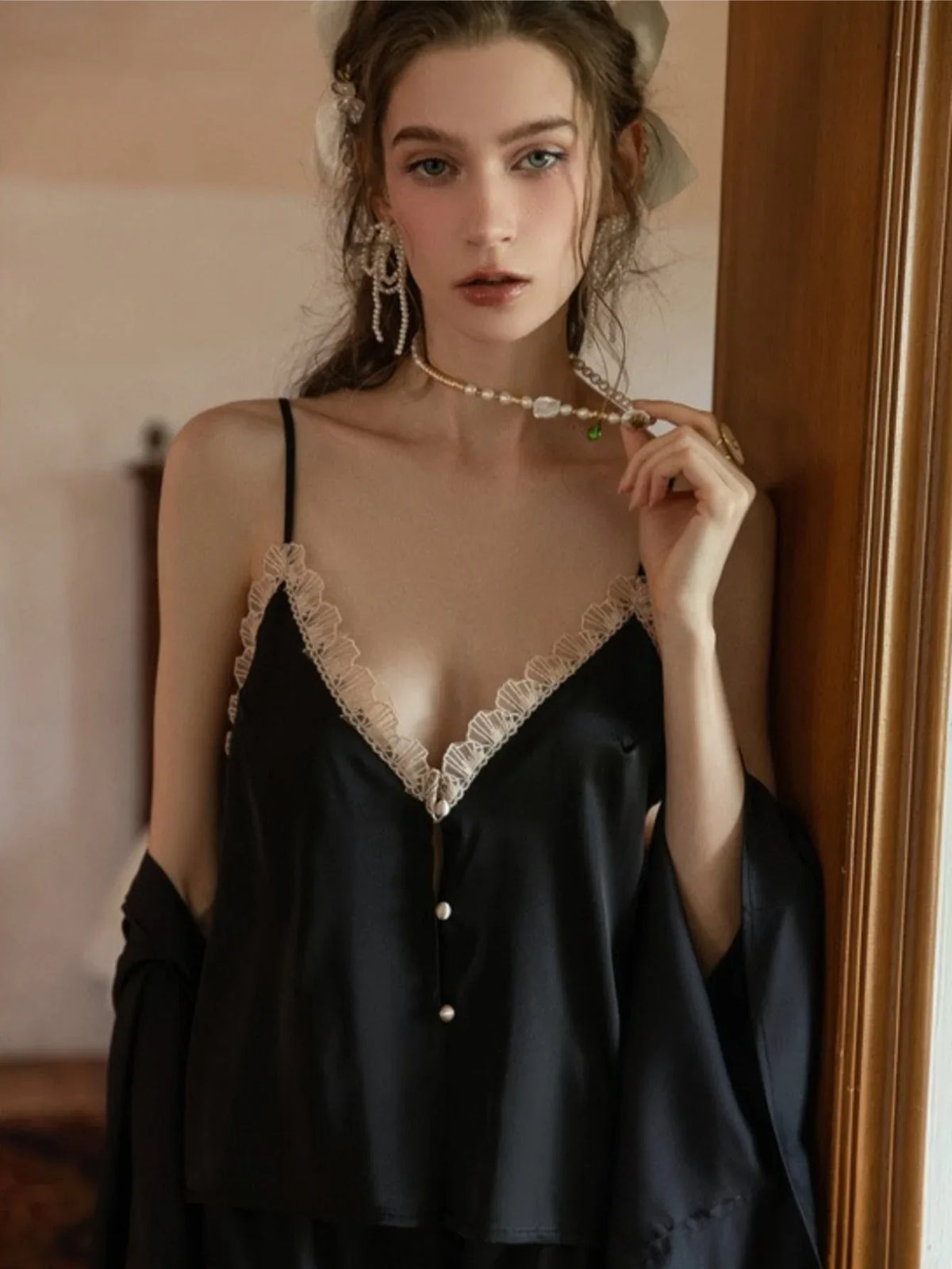 Button-Front Lace Satin Cami & Shorts Set - TEVQA